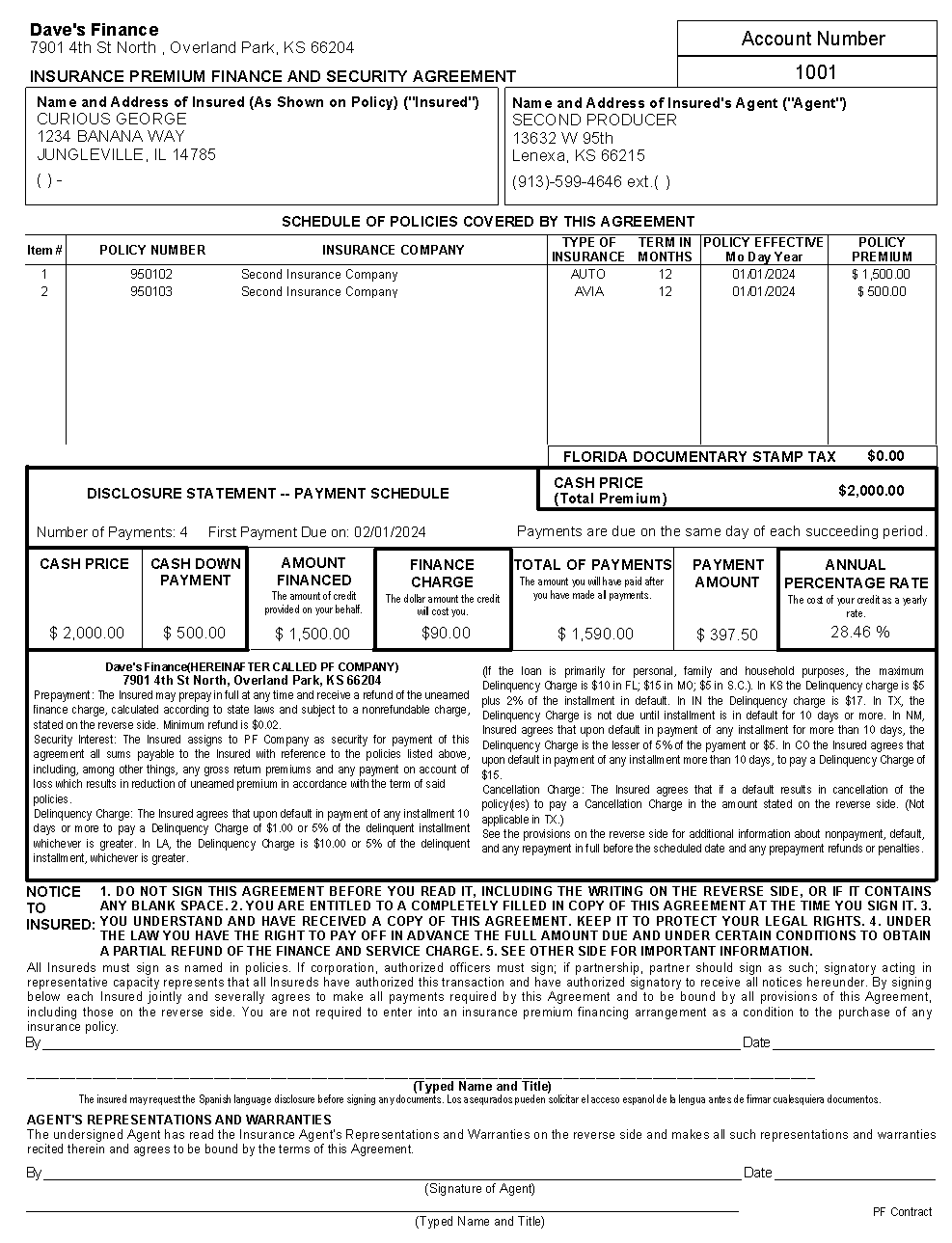 Insurance premium finance contract agreement